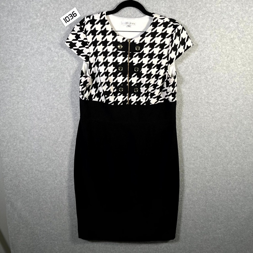 Sandra Darren Sheath Dress Women 12 Black White Houndstooth Front Zip Round Neck